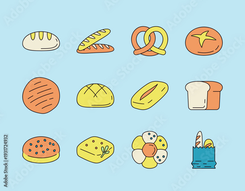 Various Bread Types Vector Icon Collection