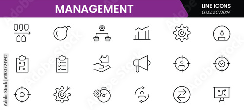 Management icon set. Contains such icons as schedule, human resource, management, development, planning, strategy, and more. Time management and planning concept