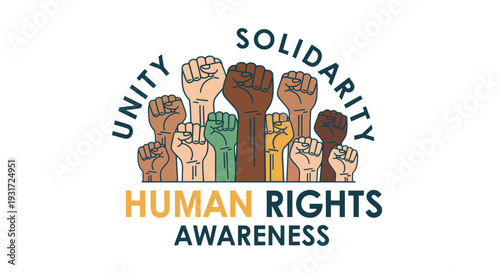 Diverse group of people raising fists in unity for human rights awareness.