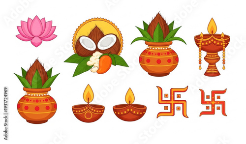 Hindu Religious Symbols and Festival Items Flat Vector Set