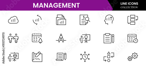 Management icon set. Contains such icons as schedule, human resource, management, development, planning, strategy, and more. Time management and planning concept