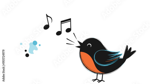 Small black and orange robin bird sings out loud with musical notes floating from its beak in a charming and artistic nature illustration.