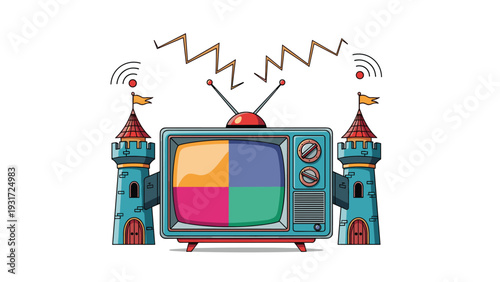Vintage television set with a colorful screen is flanked by two blue castle towers with flags and lightning bolt antennas for a fantasy theme.