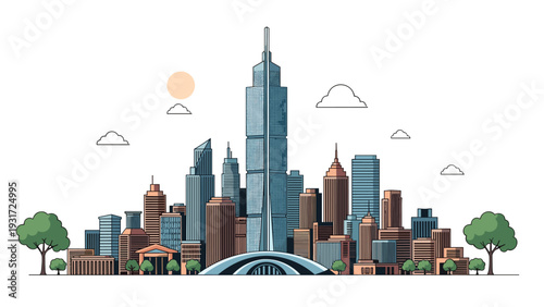 Detailed illustration depicts a futuristic city skyline with various skyscrapers, green trees, a sun, and soft clouds for urban planning concepts.