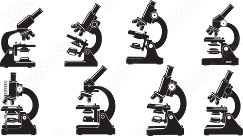Multiple black microscopes on white background for science education