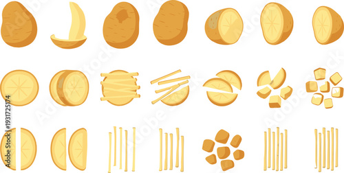 Potato Cuts Collection Whole Sliced Diced and French Fries Vector Set