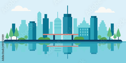 Modern Geometric City Skyline with River Reflection Flat Vector Illustration
