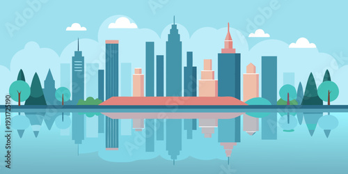 Modern Geometric City Skyline with River Reflection Flat Vector Illustration