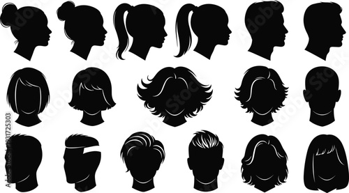 Men and Women Head Silhouettes Collection Various Hairstyles Profile Vector Set