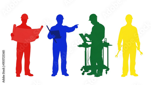 Professional Builders and Engineers 4 Solid Color Silhouettes Isolated on White Background