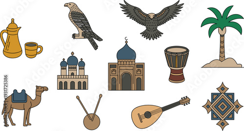 Traditional Middle Eastern Cultural Icons Featuring Dallah Falcon Eagle Camel Mosque Oud Drum Palm Tree and Ornament Design