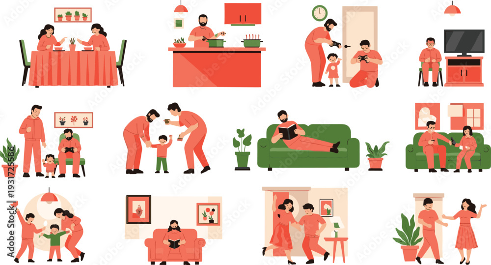 Fototapeta premium Family Daily Life Scenes Collection Parents and Children at Home Vector Illustration Set