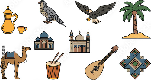 Traditional Middle Eastern Culture Icon Set Featuring Dallah Falcon Eagle Palm Tree Camel Mosque Drum Oud and Ornament