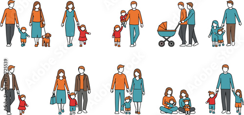 Family with Children and Baby Stroller Collection Parents Walking Together Vector Illustration Set