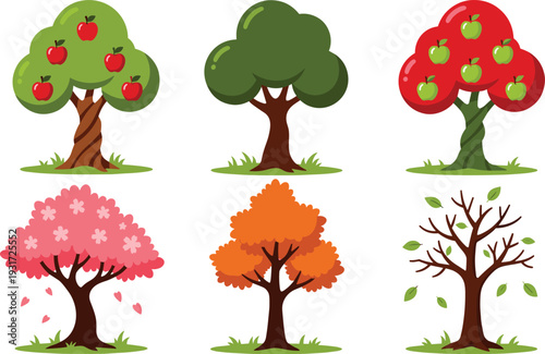 Four seasons tree collection with apple trees, blossom spring tree, summer foliage and autumn leaves, flat vector illustration isolated on light background