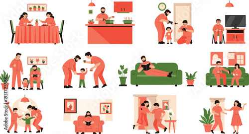 Family Daily Life Scenes Collection Parents and Children at Home Vector Illustration Set