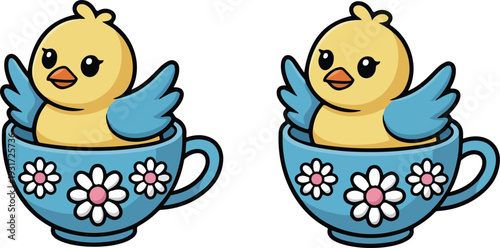 Cute yellow chick with blue wings sitting inside floral decorated teacup in minimal clean line art vector style.