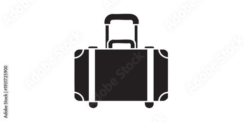 Minimal flat vector icon of a travel suitcase, simple solid black silhouette, clean monochrome design, isolated on white background.