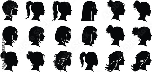 Women Head Silhouettes Collection Female Hairstyles Profile Black Vector Set