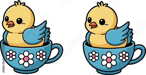 Cute yellow chick with blue wings sitting inside floral decorated teacup in minimal clean line art vector style.