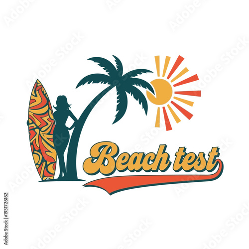 Surfer silhouette standing with surfboard under palm tree.