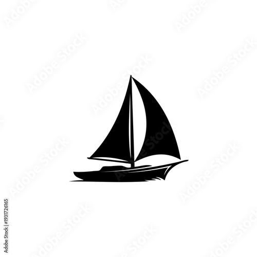 A sleek black sailboat gliding on a calm body of water under a clear sky.