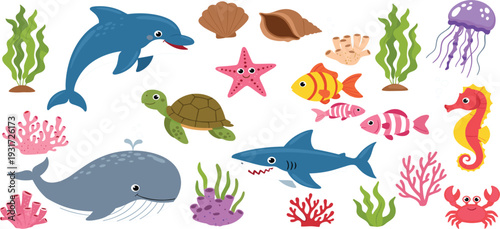Cute Ocean Animals Cartoon Vector Set with Dolphin Whale Shark Turtle Seahorse Jellyfish and Coral Reef Elements