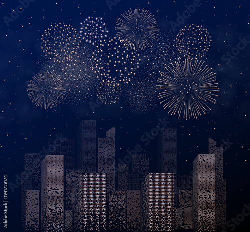 Firework show on night city landscape background. Retro style. Independence victory day. Vector illustration
