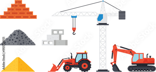 Construction Equipment and Building Materials Set with Tower Crane, Excavator, Loader, Bricks and Sand Vector Illustration