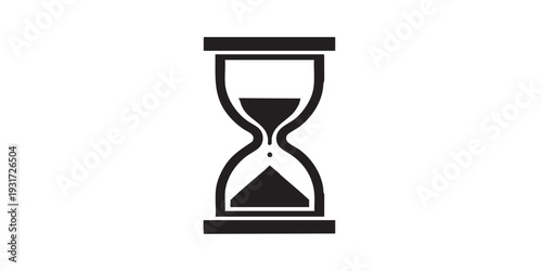 Minimal flat vector icon of an hourglass representing time passing concept, simple solid black silhouette, clean monochrome design, isolated on white background.