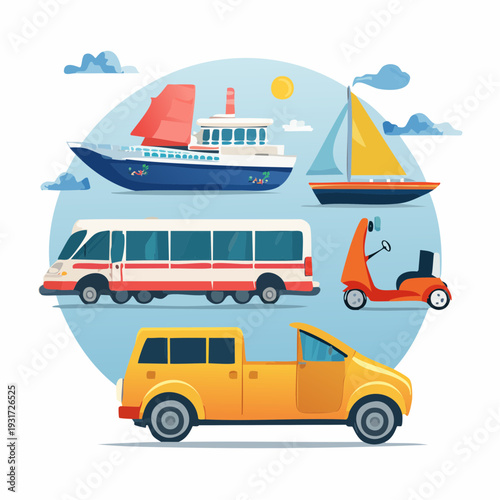 Collection of diverse modes of transportation including a boat, bus, scooter, and car