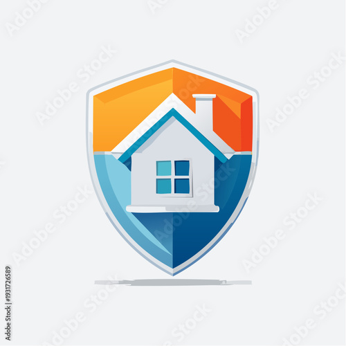 Modern vector illustration of a house within a protective shield emblem, symbolizing home security and property insurance