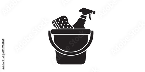 Minimal flat vector icon of cleaning service concept, simple solid black silhouette, clean monochrome design, isolated on white background.
