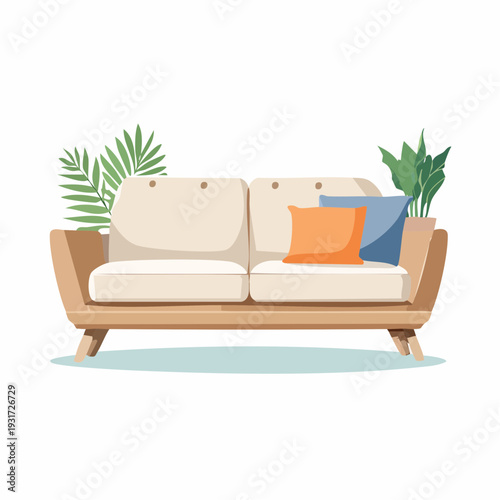 Cozy Modern Sofa with Lush Green Plants for a Relaxing Living Room