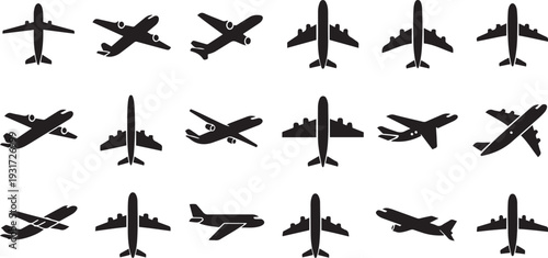 Black airplane in various positions aircraft silhouette