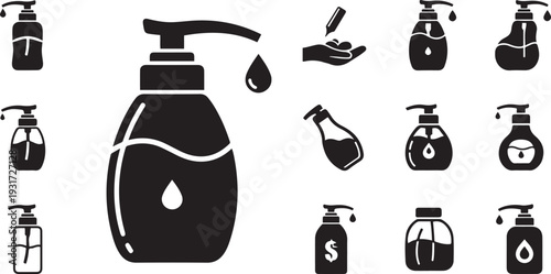 Black and white hand sanitizer dispenser with various bottle shapes and pump