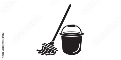 Minimal flat vector icon of mop and bucket representing home cleaning concept, simple solid black silhouette, clean monochrome design, isolated on white background.
