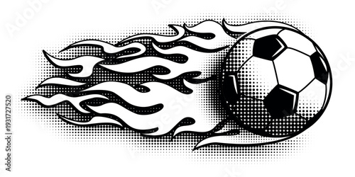 Football ball flies and leaves trail of fire behind it. Vector soccer ball fireball on transparent background
