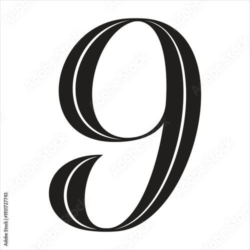 Large elegant black number nine typography isolated on white