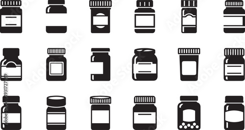 Black and white of various medicine bottles and jars