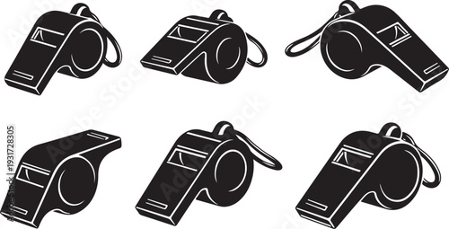 Six black and white whistles in different positions illustration