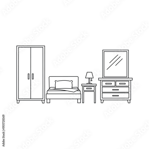 Black and White Bedroom Furniture Line Drawing Vector