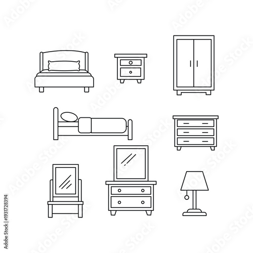  Black and White Bedroom Furniture Collection Line Drawing Vector