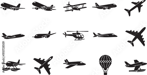 Black silhouettes of various airplanes and helicopters hot air balloon