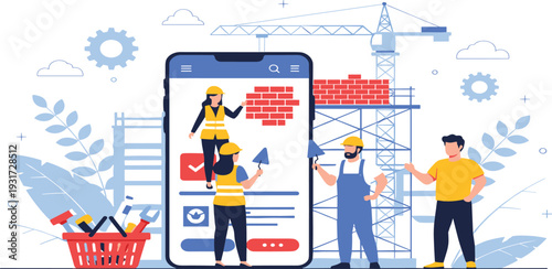 Construction Mobile App Concept with Builders, Crane and Tools, Online Home Repair Service Vector Illustration