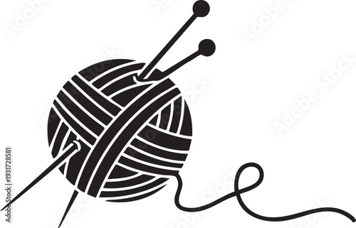 A close-up illustration of knitting needles and a ball of yarn on a clean background from a straightforward viewpoint