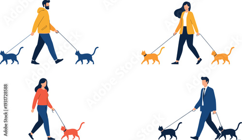 People Walking Cats Vector Illustration Set with Pet Owners Strolling with Leashed Cats in Urban Lifestyle Flat Cartoon Character Design Style