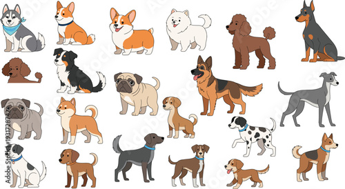 Cute Dog Breeds Cartoon Vector Set with Husky, Corgi, Poodle, German Shepherd, Pug and Mixed Puppy Characters in Friendly Pet Illustration Style