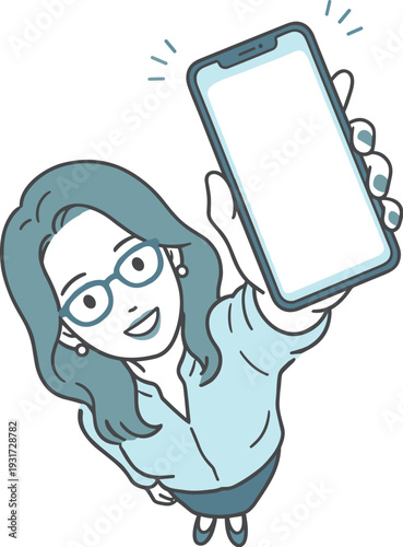 スマートフォンの画面を提示する女性のイラスト