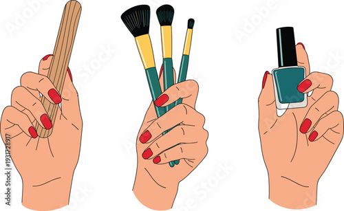 Manicure Hands with Nail File, Makeup Brushes and Nail Polish Bottle Vector Illustration Set in Beauty Salon Cartoon Style